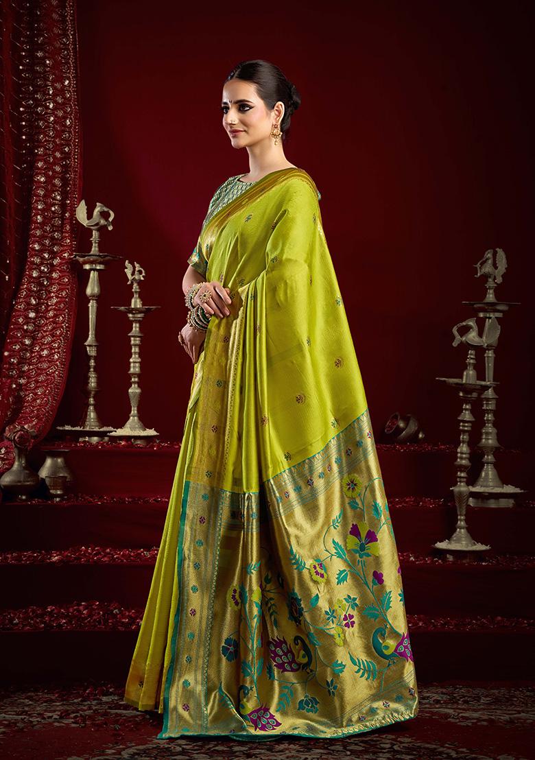 Light Green Motif Silk Saree Set - Indya