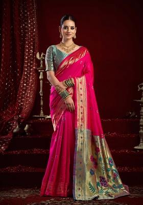 Pink Motif Silk Saree Set