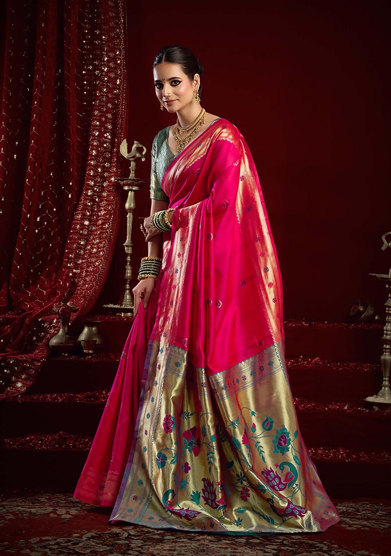 Pink Motif Silk Saree Set - Indya