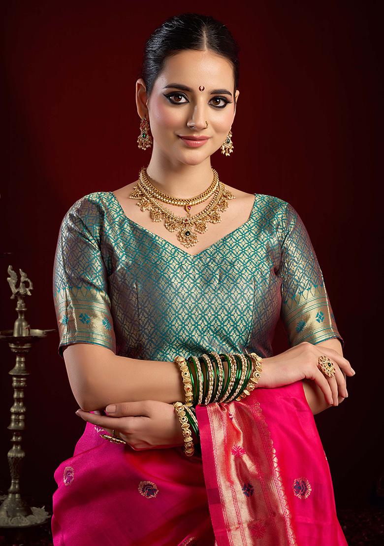 Pink Motif Silk Saree Set - Indya