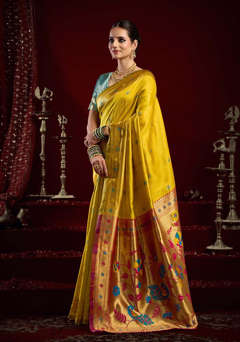 Mustard Motif Silk Saree Set - Indya
