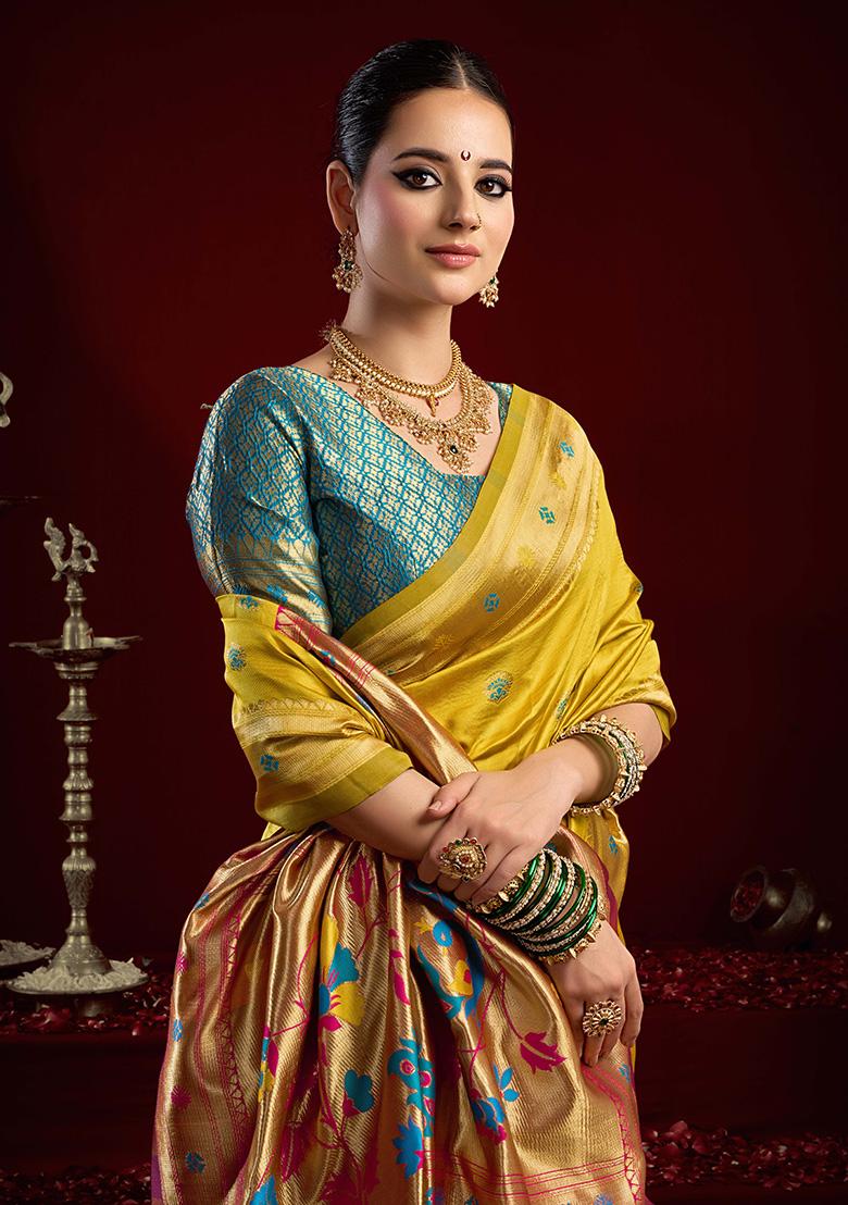 Mustard Motif Silk Saree Set - Indya