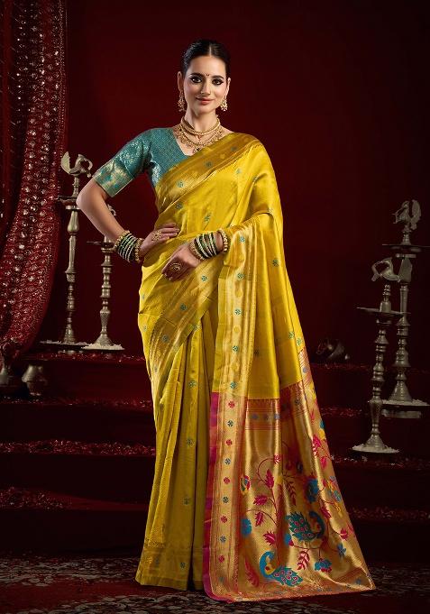 Mustard Motif Silk Saree Set