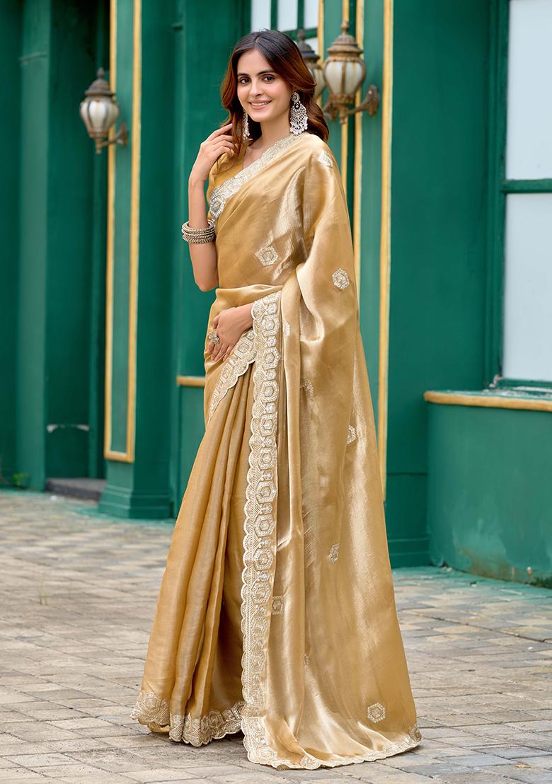 Beige Motif Chiffon Saree Set - Indya