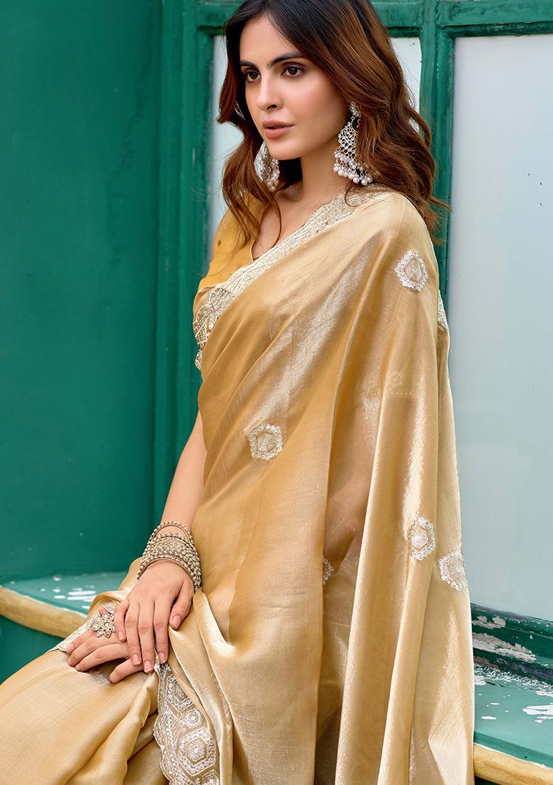 Beige Motif Chiffon Saree Set - Indya