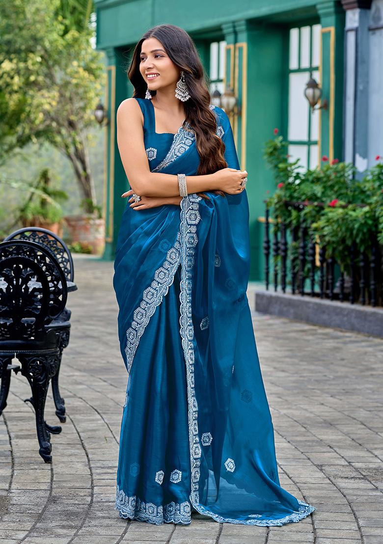 Blue Motif Chiffon Saree Set - Indya