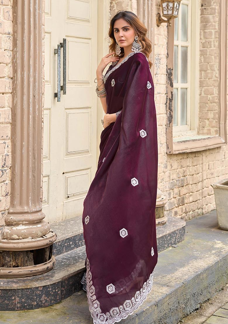 Wine Motif Chiffon Saree Set - Indya