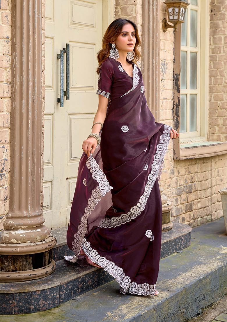 Wine Motif Chiffon Saree Set - Indya