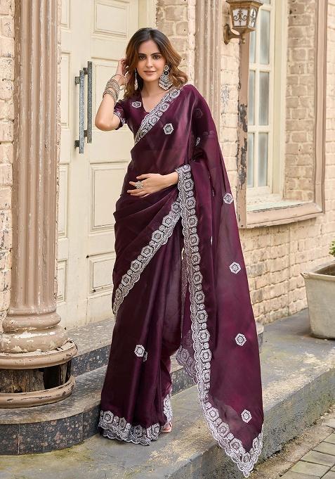 Wine Motif Chiffon Saree Set