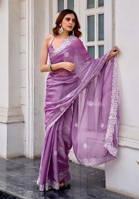 Lavender Motif Chiffon Saree Set