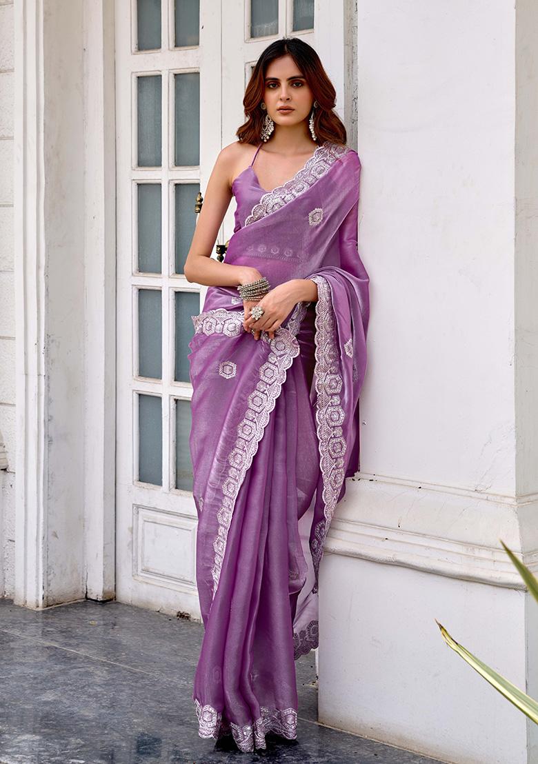 Lavender Motif Chiffon Saree Set - Indya