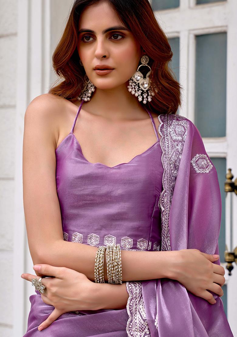 Lavender Motif Chiffon Saree Set - Indya