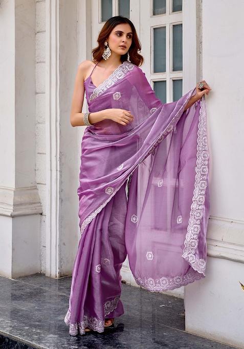 Lavender Motif Chiffon Saree Set