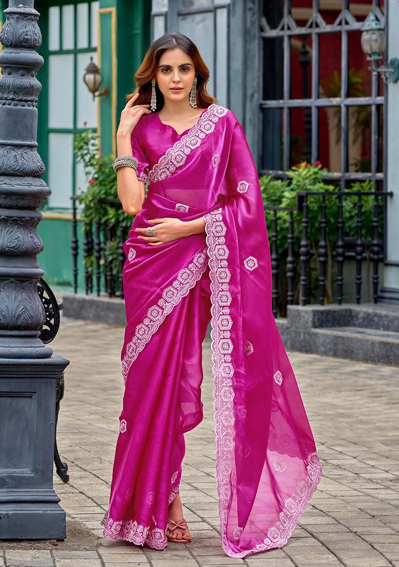 Pink Motif Chiffon Saree Set - Indya