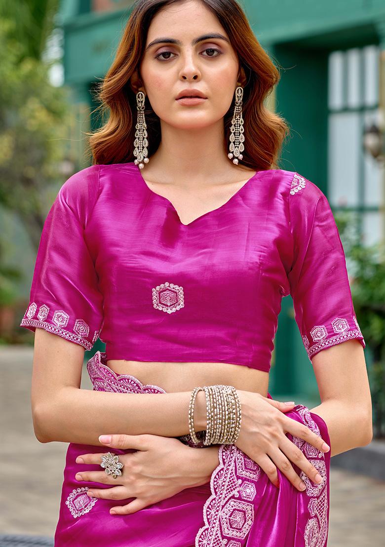 Pink Motif Chiffon Saree Set - Indya