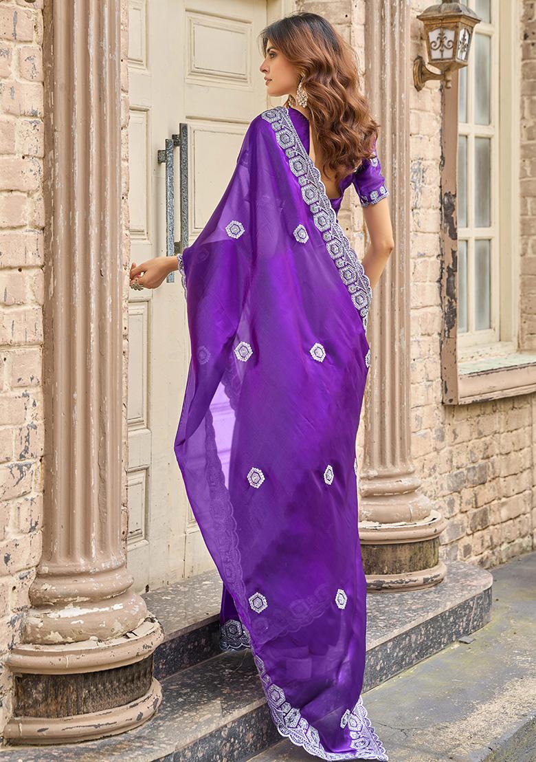 Purple Motif Chiffon Saree Set - Indya
