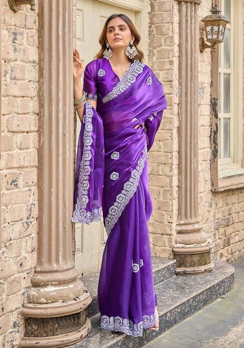 Purple Motif Chiffon Saree Set