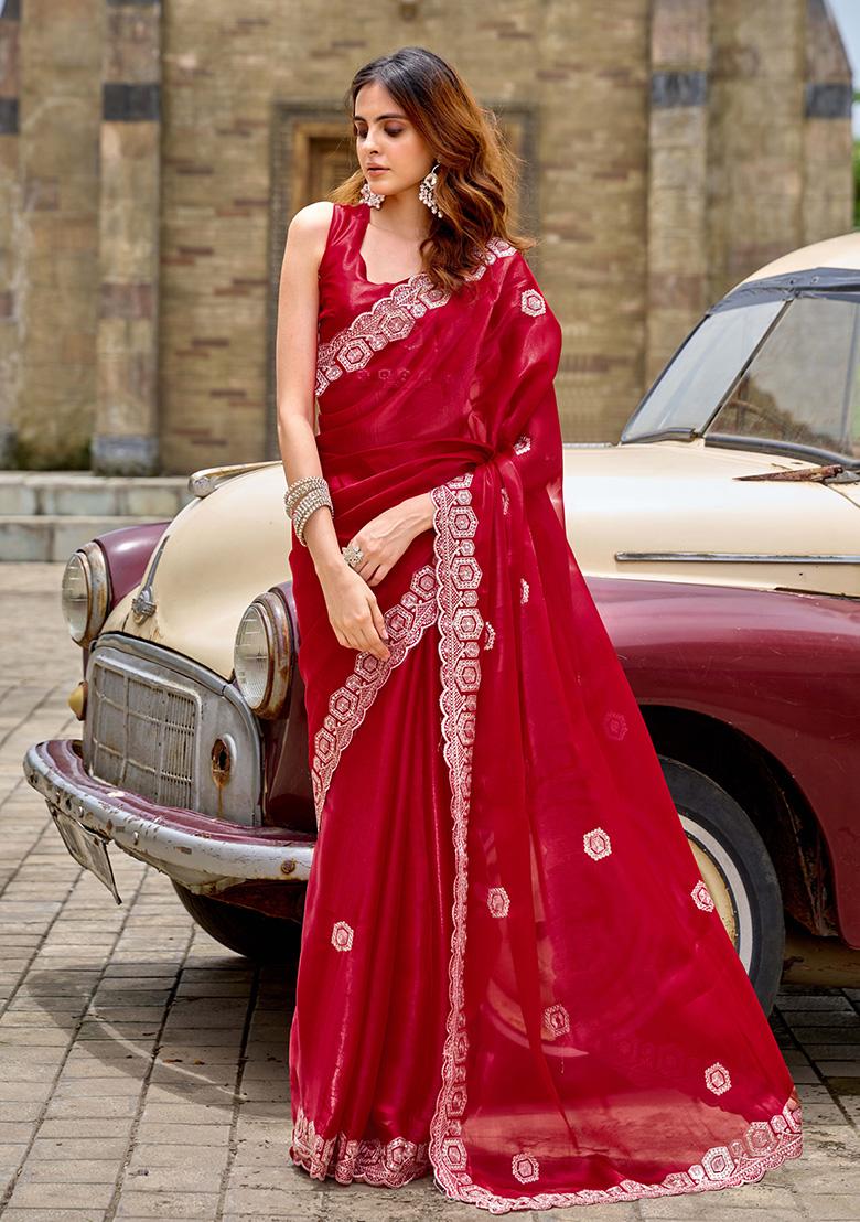 Red Motif Chiffon Saree Set - Indya