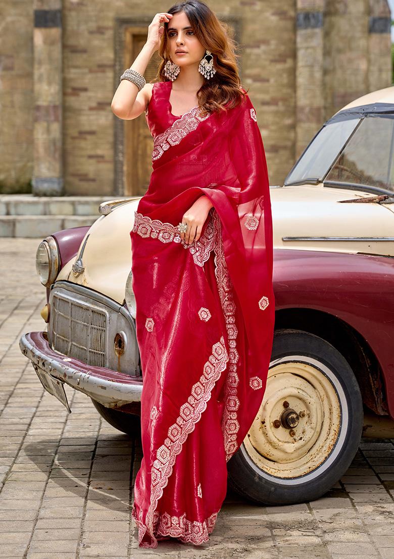 Red Motif Chiffon Saree Set - Indya