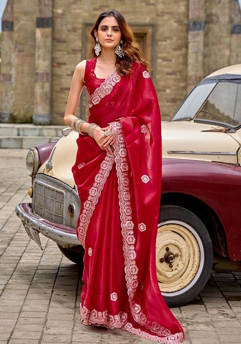 Red Motif Chiffon Saree Set