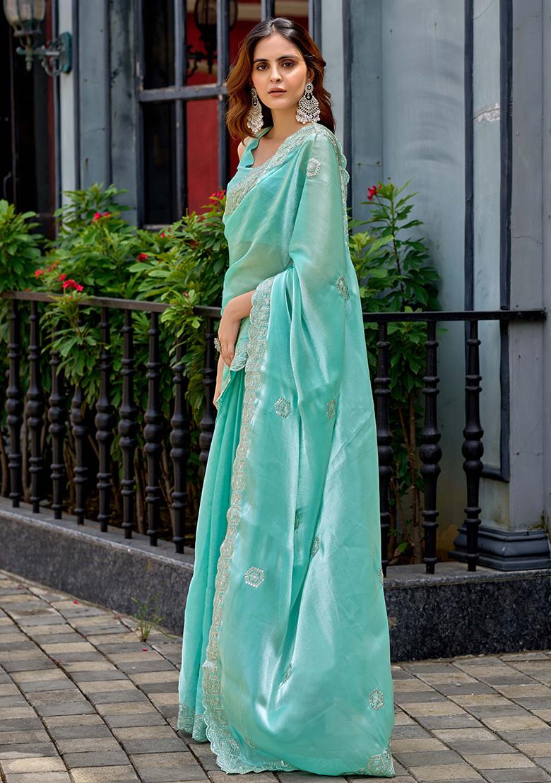 Light Aqua Blue Motif Chiffon Saree Set - Indya