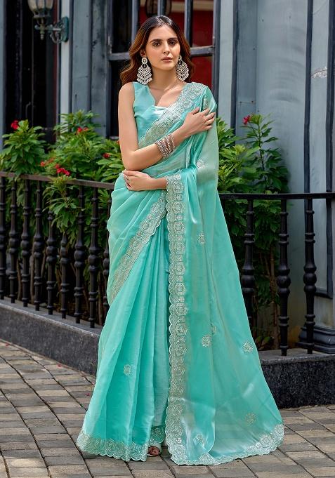 Light Aqua Blue Motif Chiffon Saree Set