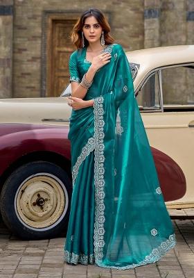 Teal Motif Chiffon Saree Set