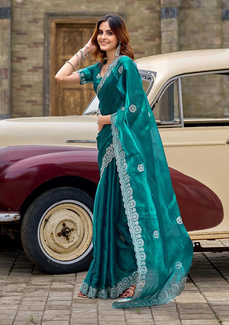 Teal Motif Chiffon Saree Set - Indya