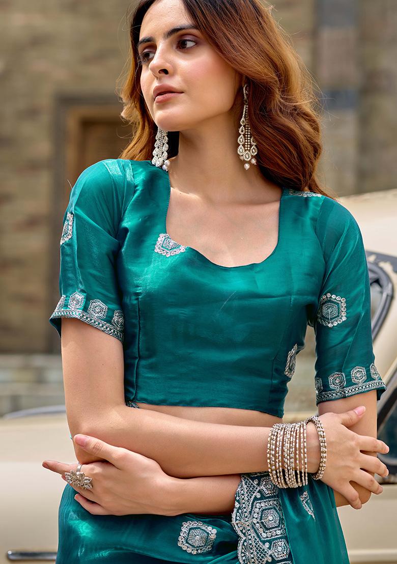 Teal Motif Chiffon Saree Set - Indya