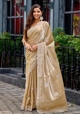 Beige Motif Chiffon Saree Set