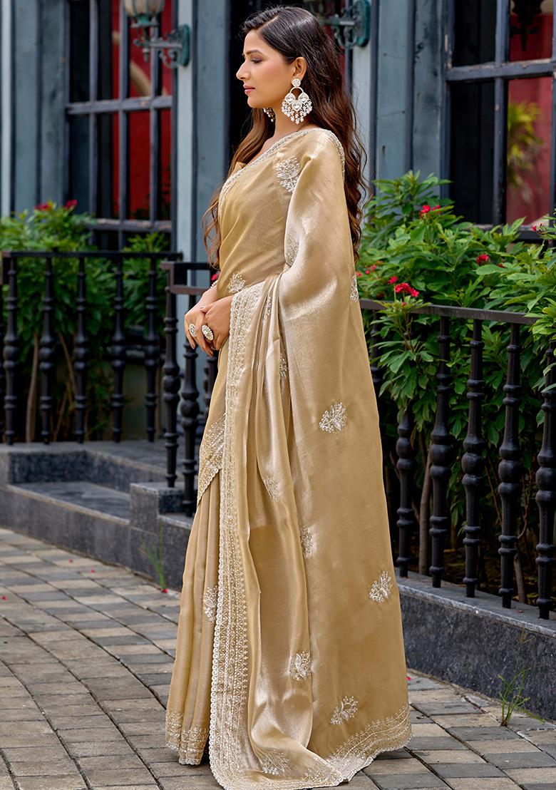 Beige Motif Chiffon Saree Set - Indya