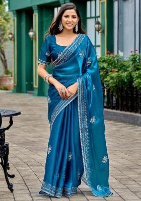 Blue Motif Chiffon Saree Set