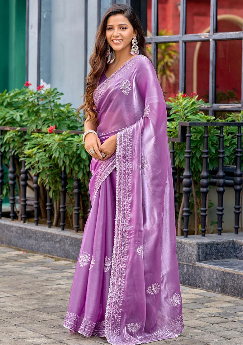 Lavender Motif Chiffon Saree Set - Indya