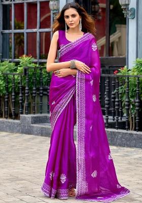 Magenta Motif Chiffon Saree Set