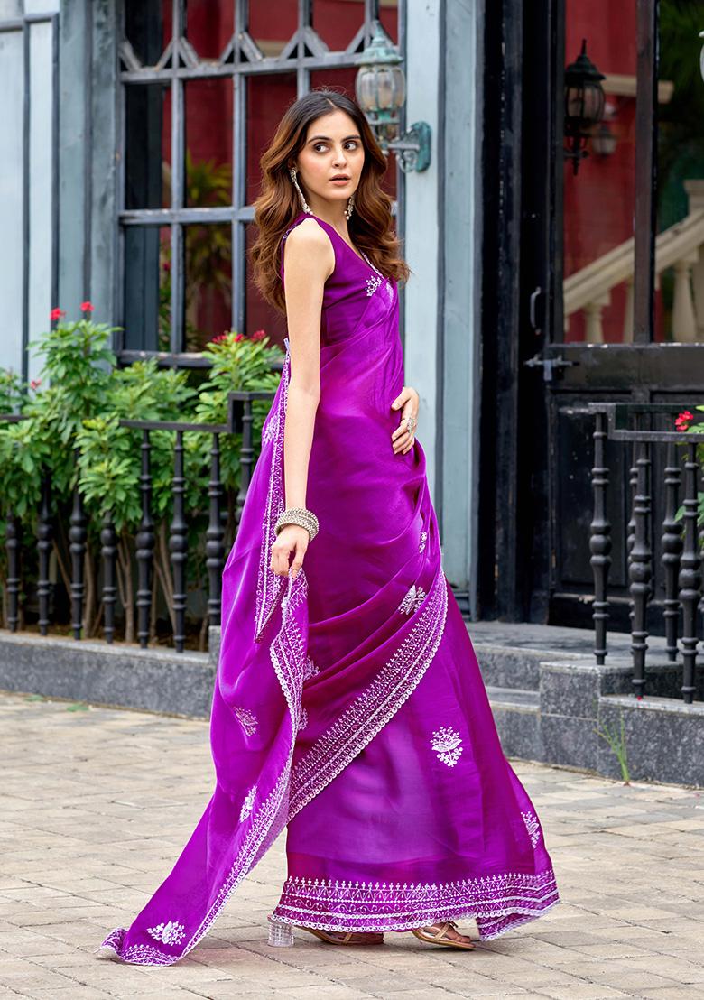 Magenta Motif Chiffon Saree Set - Indya
