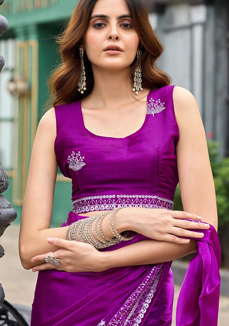 Magenta Motif Chiffon Saree Set - Indya