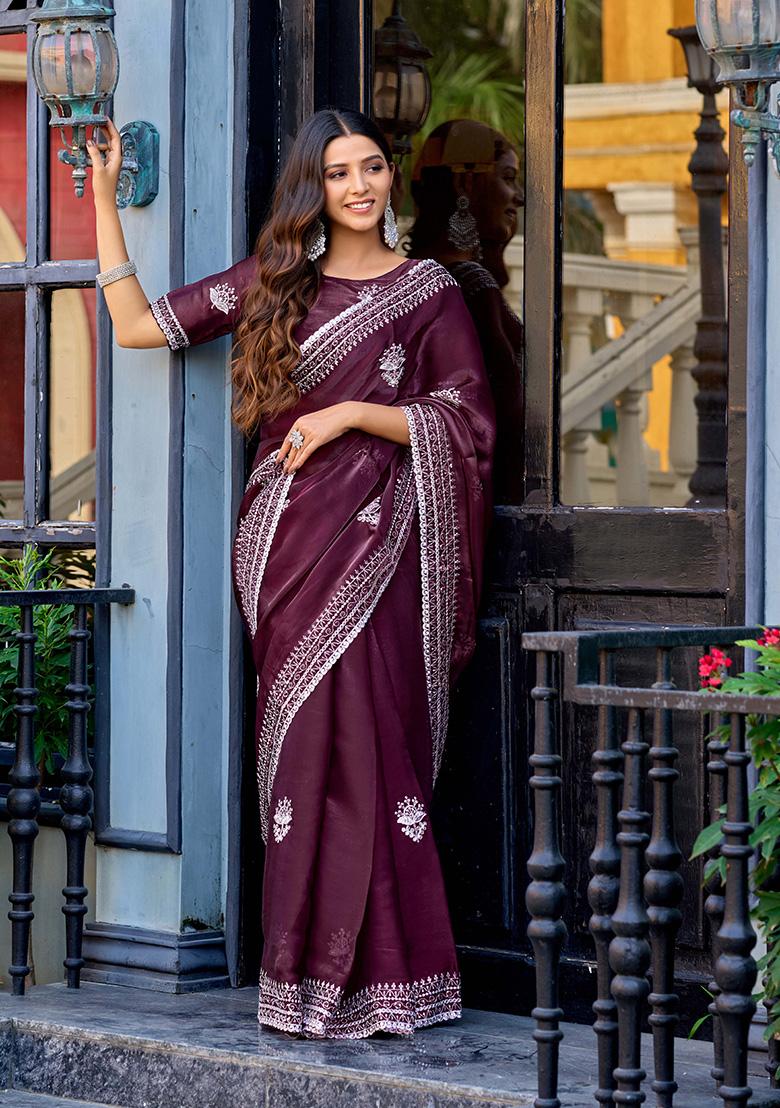 Maroon Motif Chiffon Saree Set - Indya