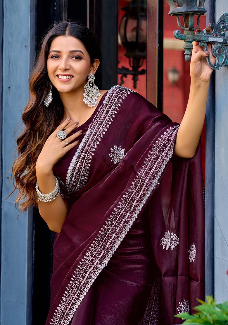 Maroon Motif Chiffon Saree Set - Indya
