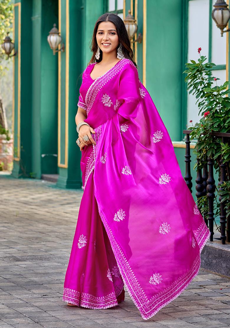 Pink Motif Chiffon Saree Set - Indya