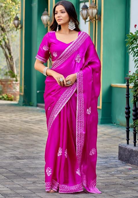 Pink Motif Chiffon Saree Set