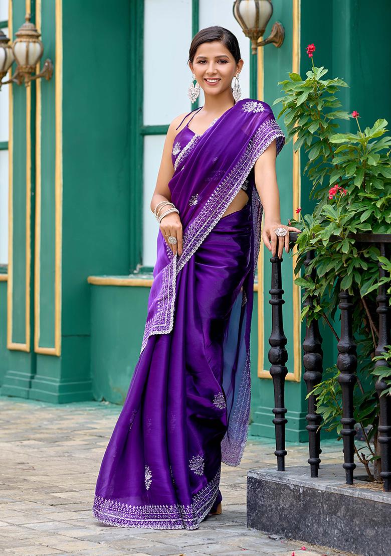 Purple Motif Chiffon Saree Set - Indya