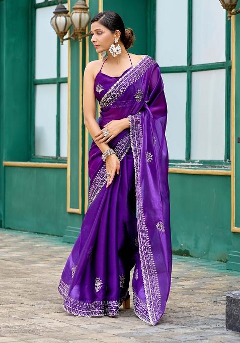 Purple Motif Chiffon Saree Set