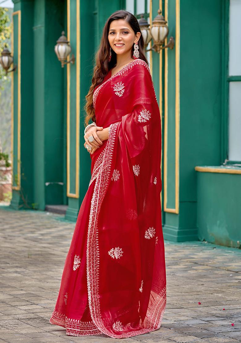 Red Motif Chiffon Saree Set - Indya