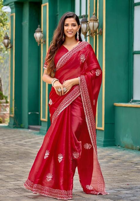 Red Motif Chiffon Saree Set