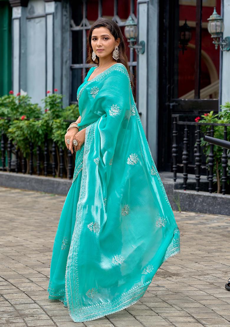 Turquoise Motif Chiffon Saree Set - Indya