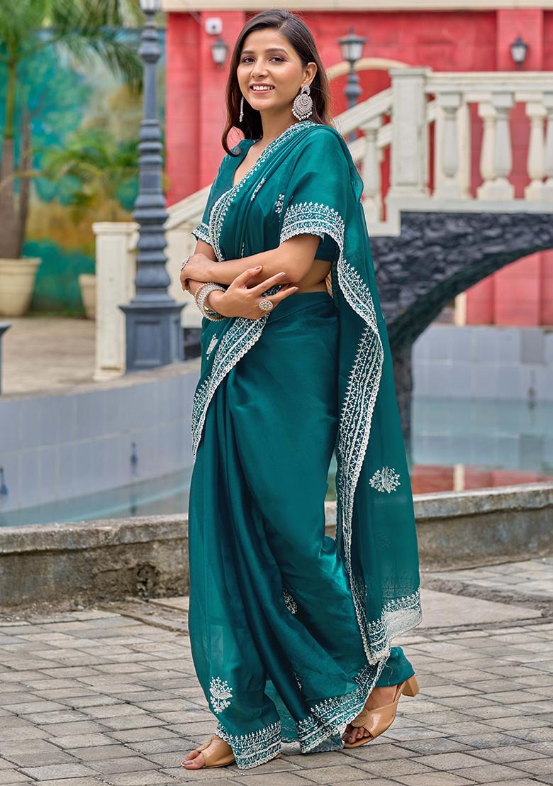 Teal Motif Chiffon Saree Set - Indya
