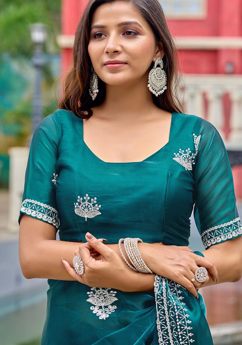 Teal Motif Chiffon Saree Set - Indya