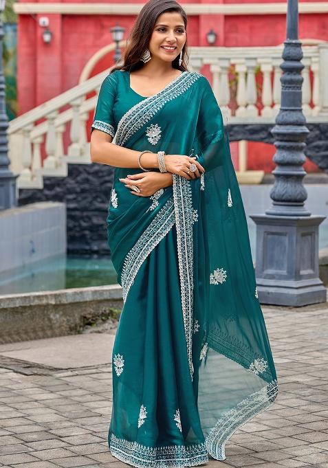 Teal Motif Chiffon Saree Set