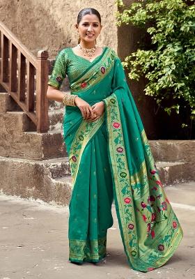 Green Motif Silk Saree Set