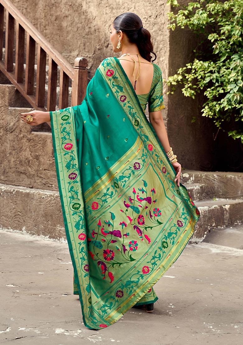 Green Motif Silk Saree Set - Indya